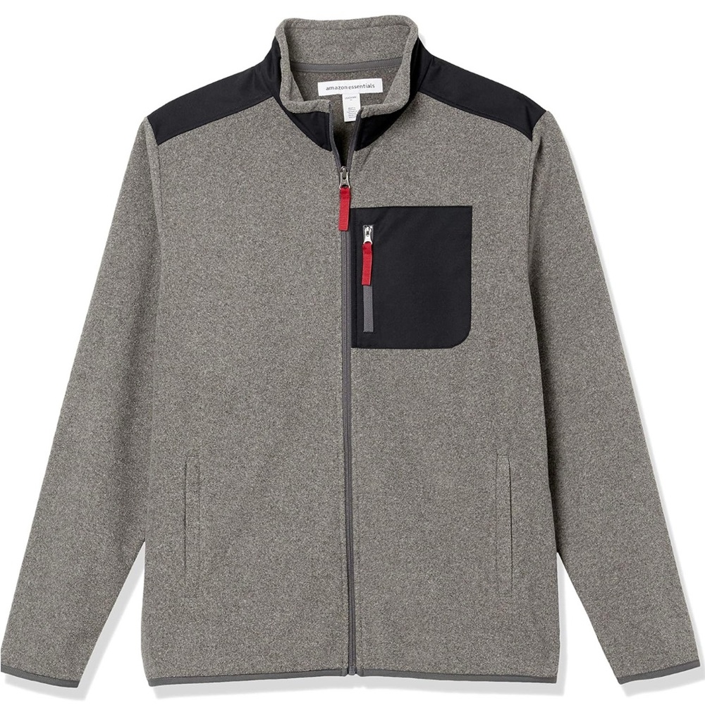 Amazon Essentials Men’s Full-Zip Polar Fleece  – Gray w/ Black Accents – Size L